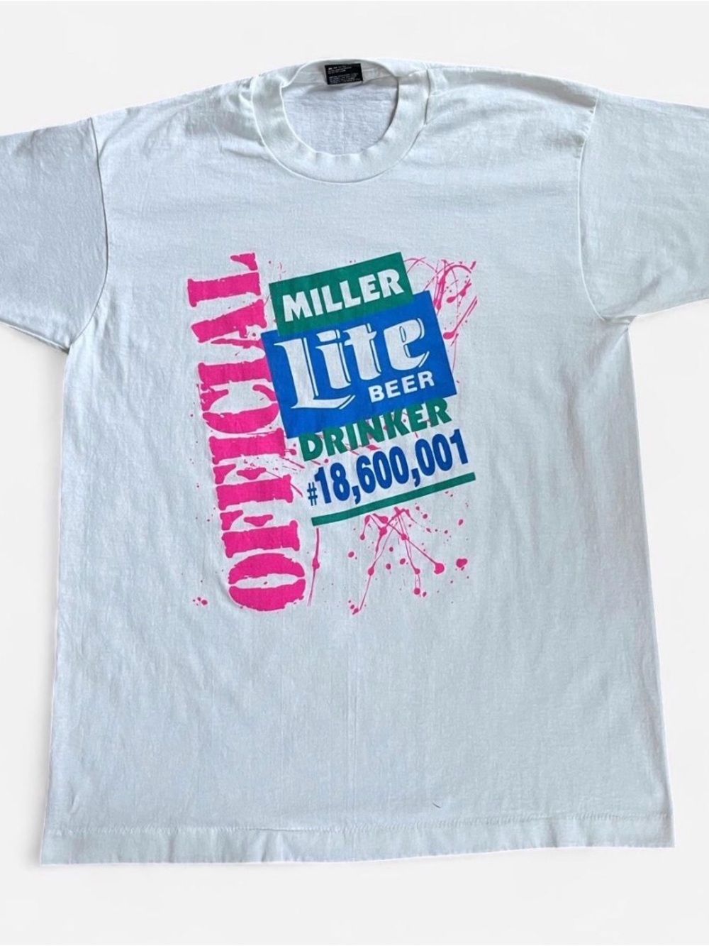 Vintage Miller Lite White Tee with Pink & Blue Graphic